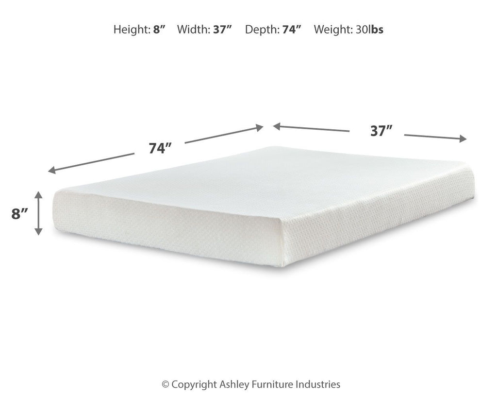 8-inch memory foam mattress, white cover, 37 in W x 74 in D x 8 in H