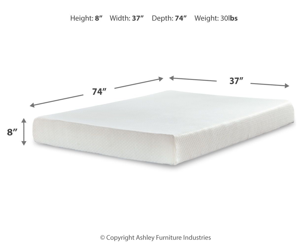 8-inch memory foam mattress, white cover, 37 in W x 74 in D x 8 in H