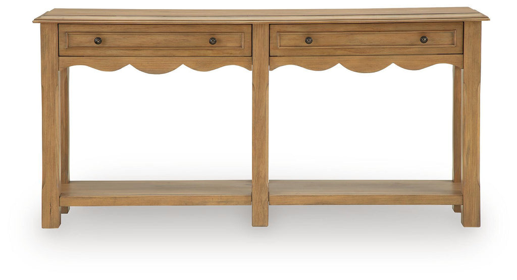 Light brown console sofa table with two drawers and two open lower compartments