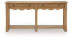 Light brown console sofa table with two drawers and two open lower compartments