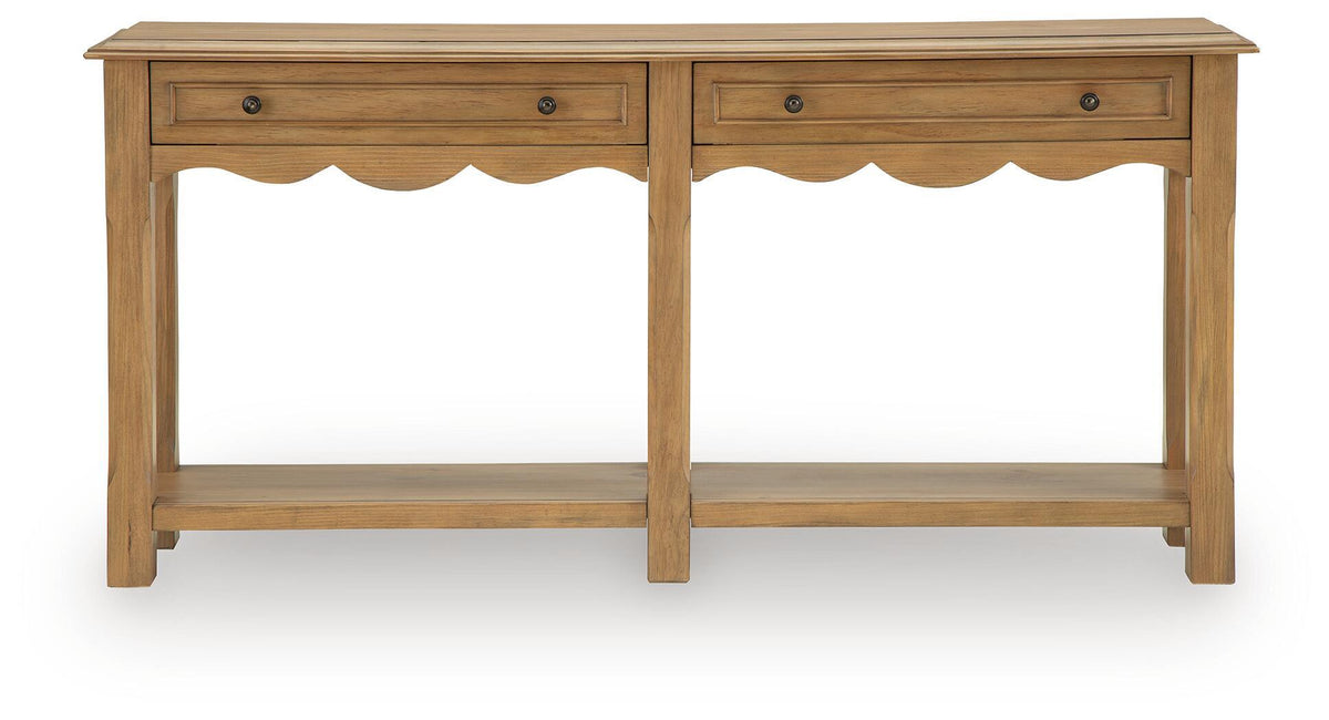 Light brown console sofa table with two drawers and two open lower compartments
