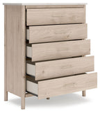 Wide chest with five drawers partly open, light-beige wood, and tapered legs