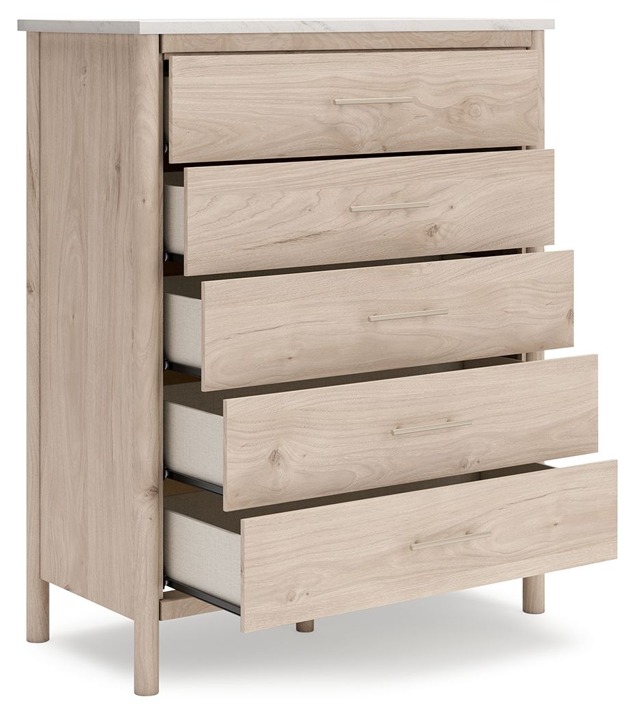 Wide chest with five drawers partly open, light-beige wood, and tapered legs