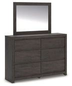 Charcoal dresser with square mirror; six-panel cabinet doors and drawers
