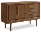 Brown dining room server with two doors and three drawers, brass bar pulls.