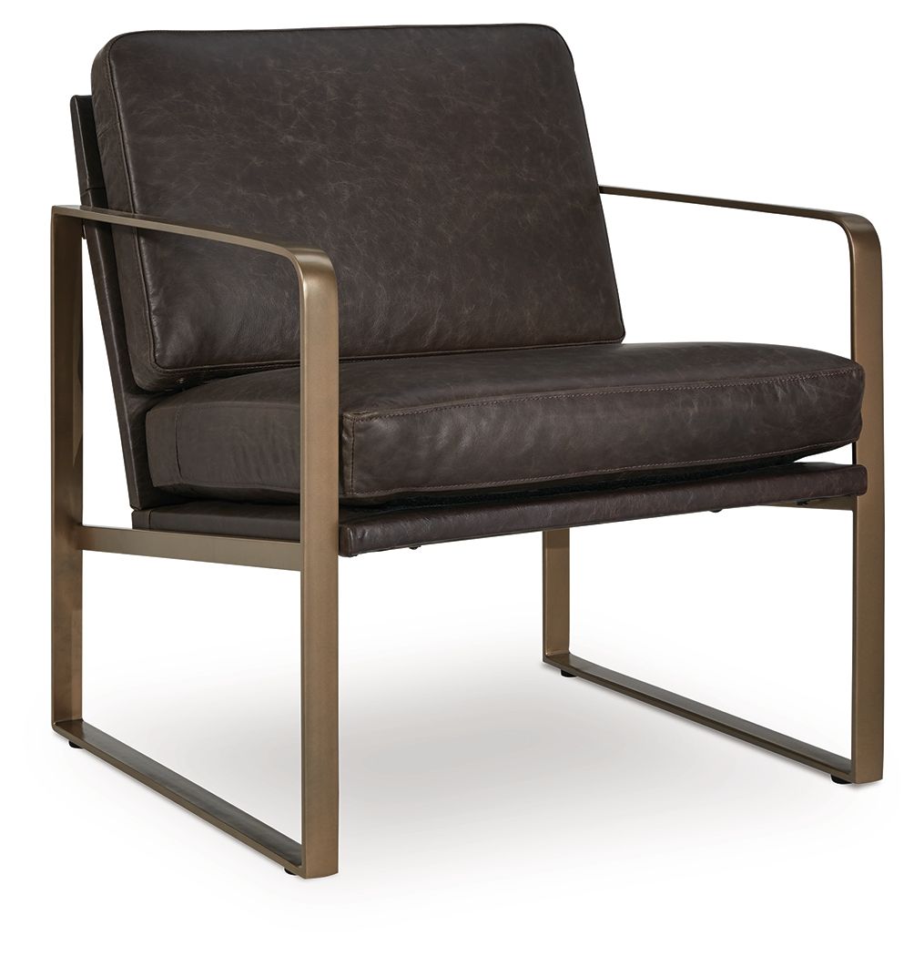Dark brown accent chair with gold metal arms and box seat cushion