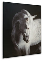 Black-framed wall art print of a black-and-white horse in profile