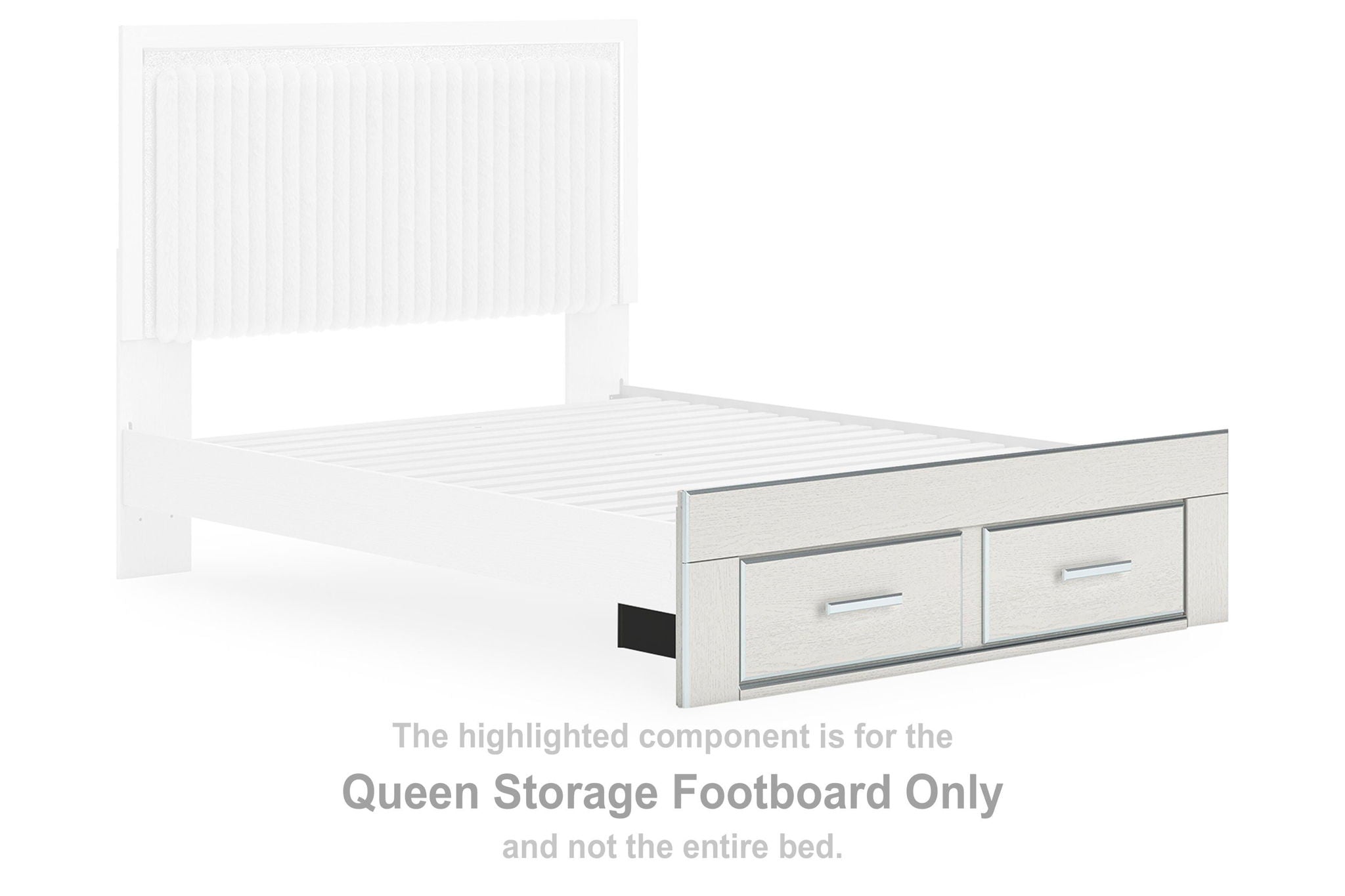 White queen storage footboard with two front drawers and pull handles