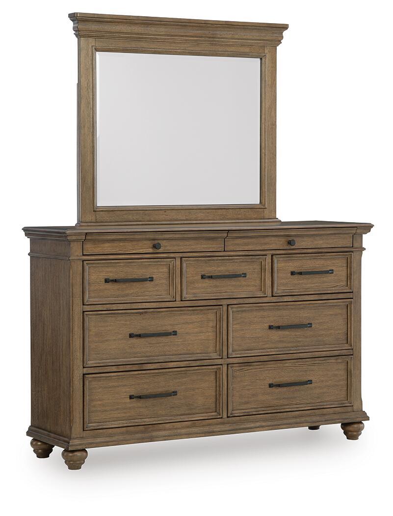 Dark brown dresser with attached square mirror and six drawers with metal bar pulls.
