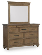 Dresser with mirror, medium brown wood with six drawers and metal pulls