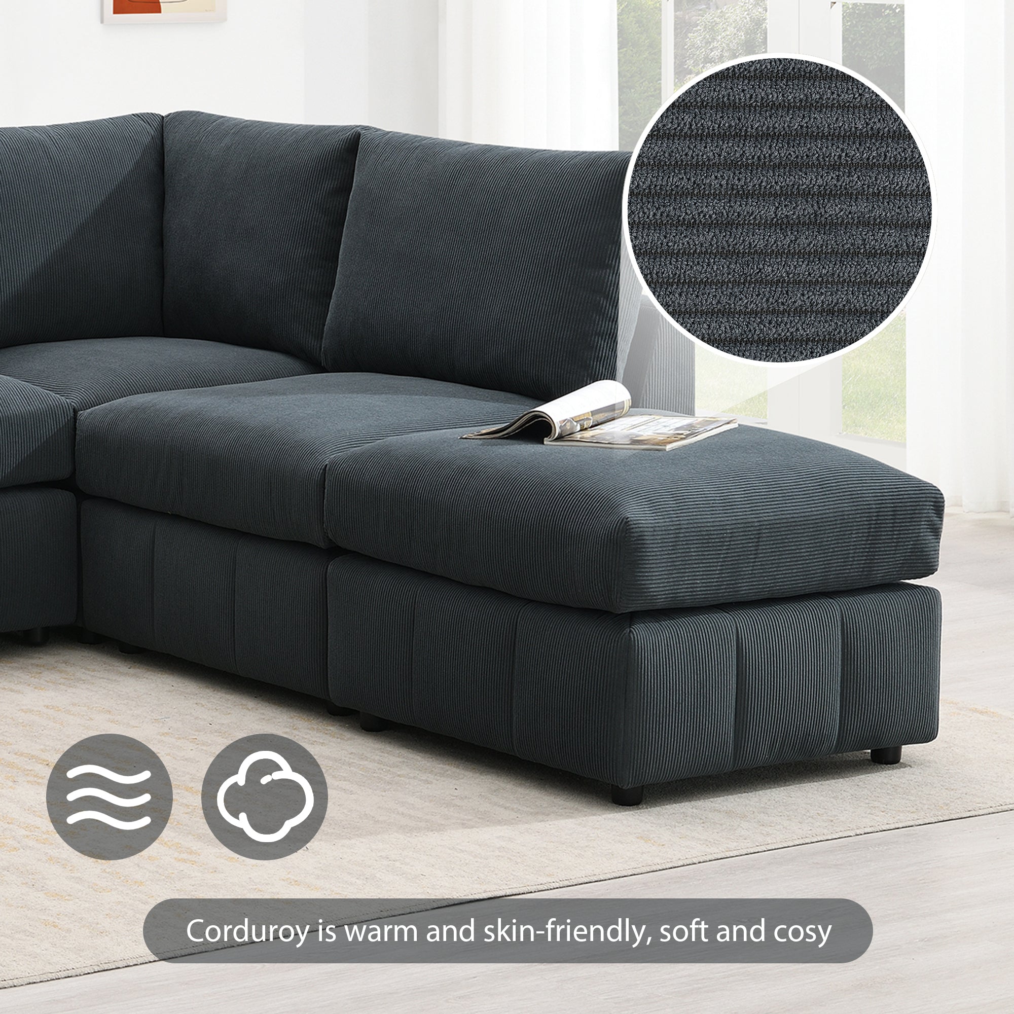 Modern Striped Sectional Sofa with Convertible Ottomans & L-Shape