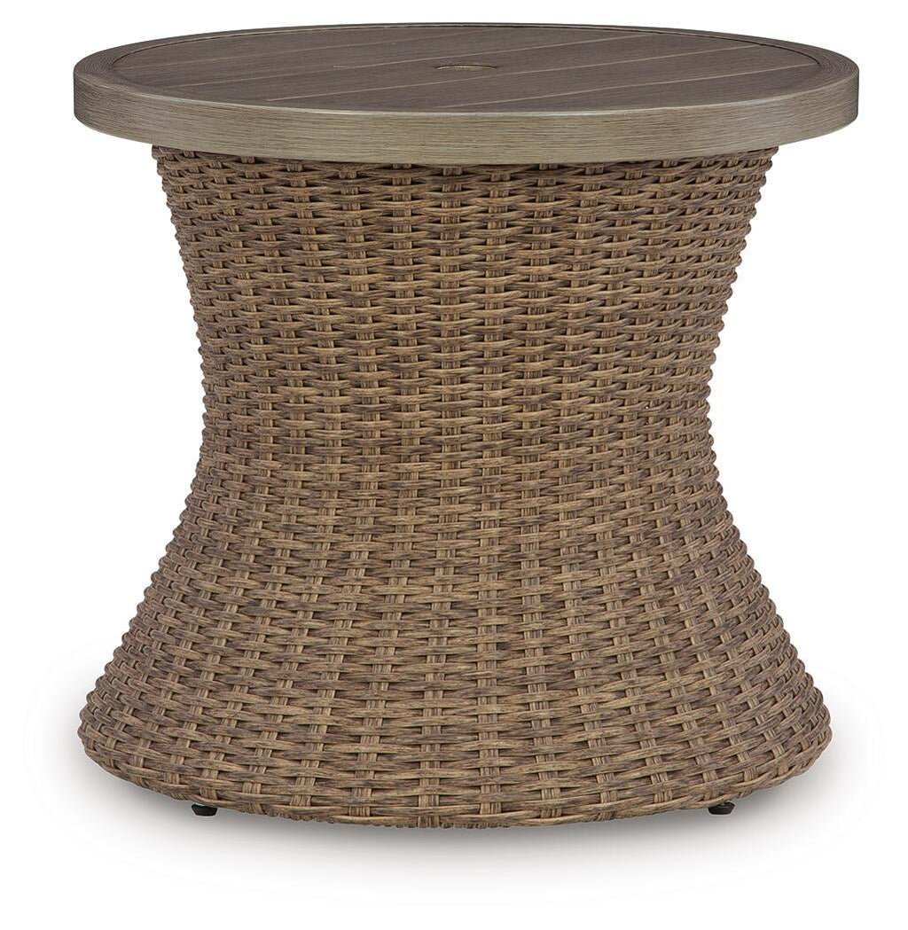 Round woven wicker end table with circular tabletop, beige/brown