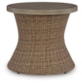 Round woven wicker end table with circular tabletop, beige/brown