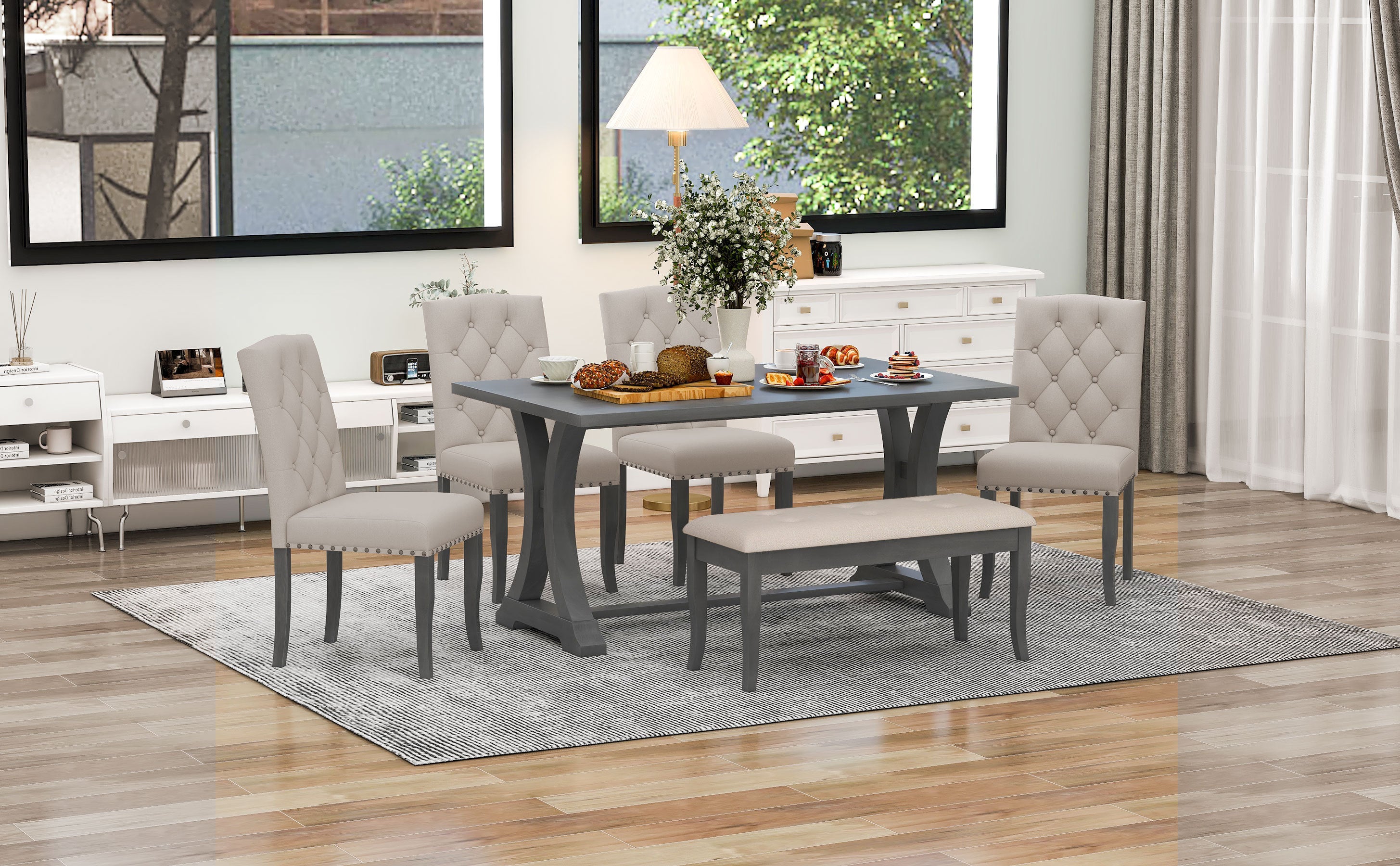 6-Pc Farmhouse Dining Set - Antique Gray