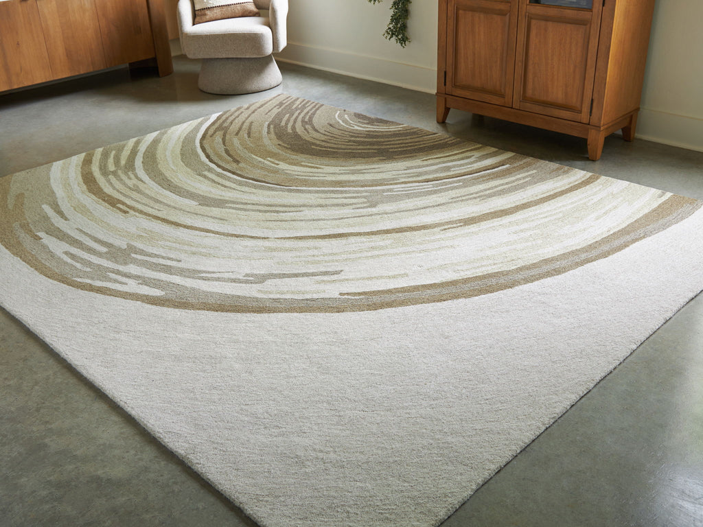 Rug with arced wave stripes in cream and dark olive, textured low pile