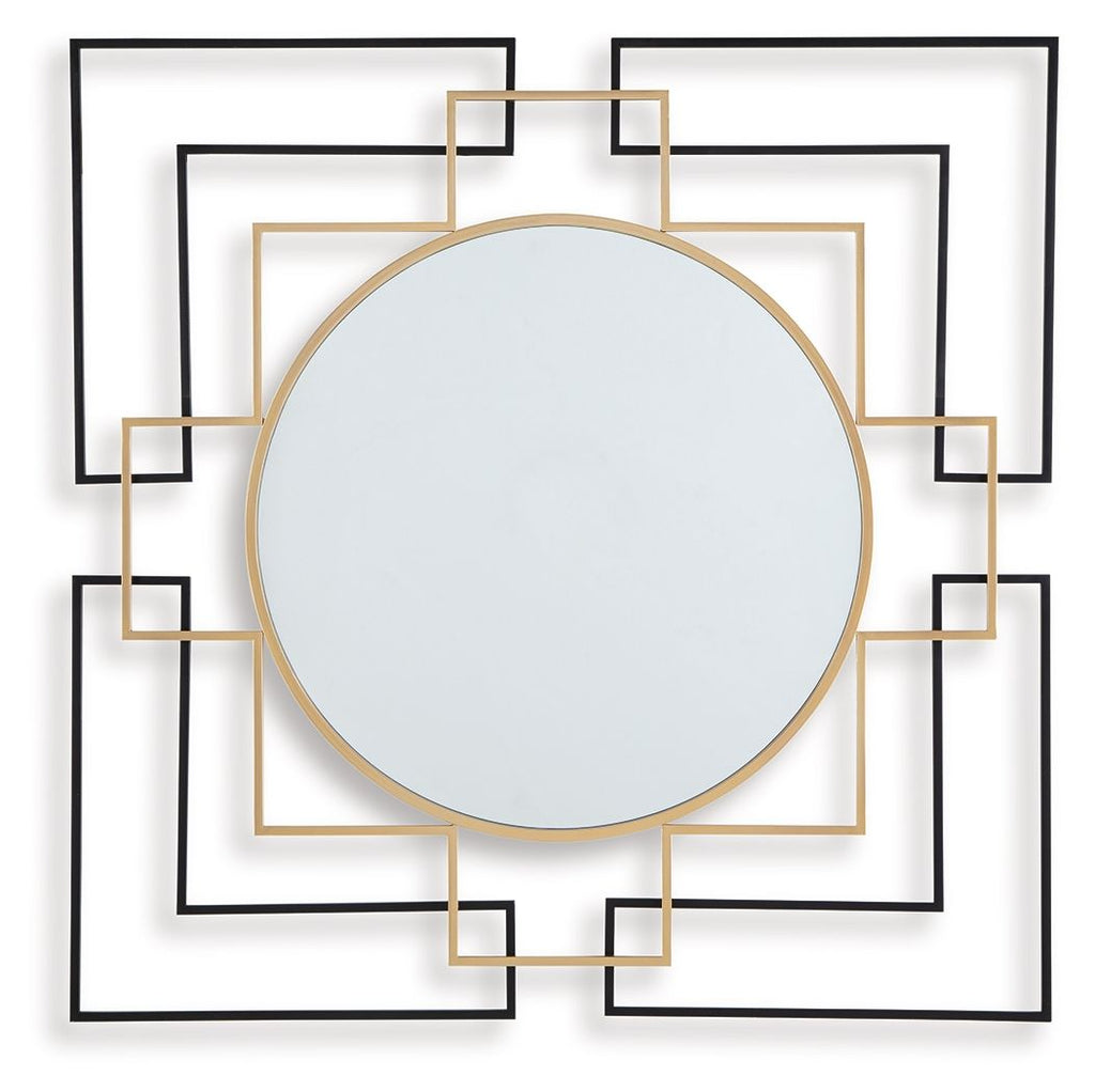 Black accent wall mirror with round glass and gold frame, set in geometric squares.