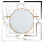 Black accent wall mirror with round glass and gold frame, set in geometric squares.