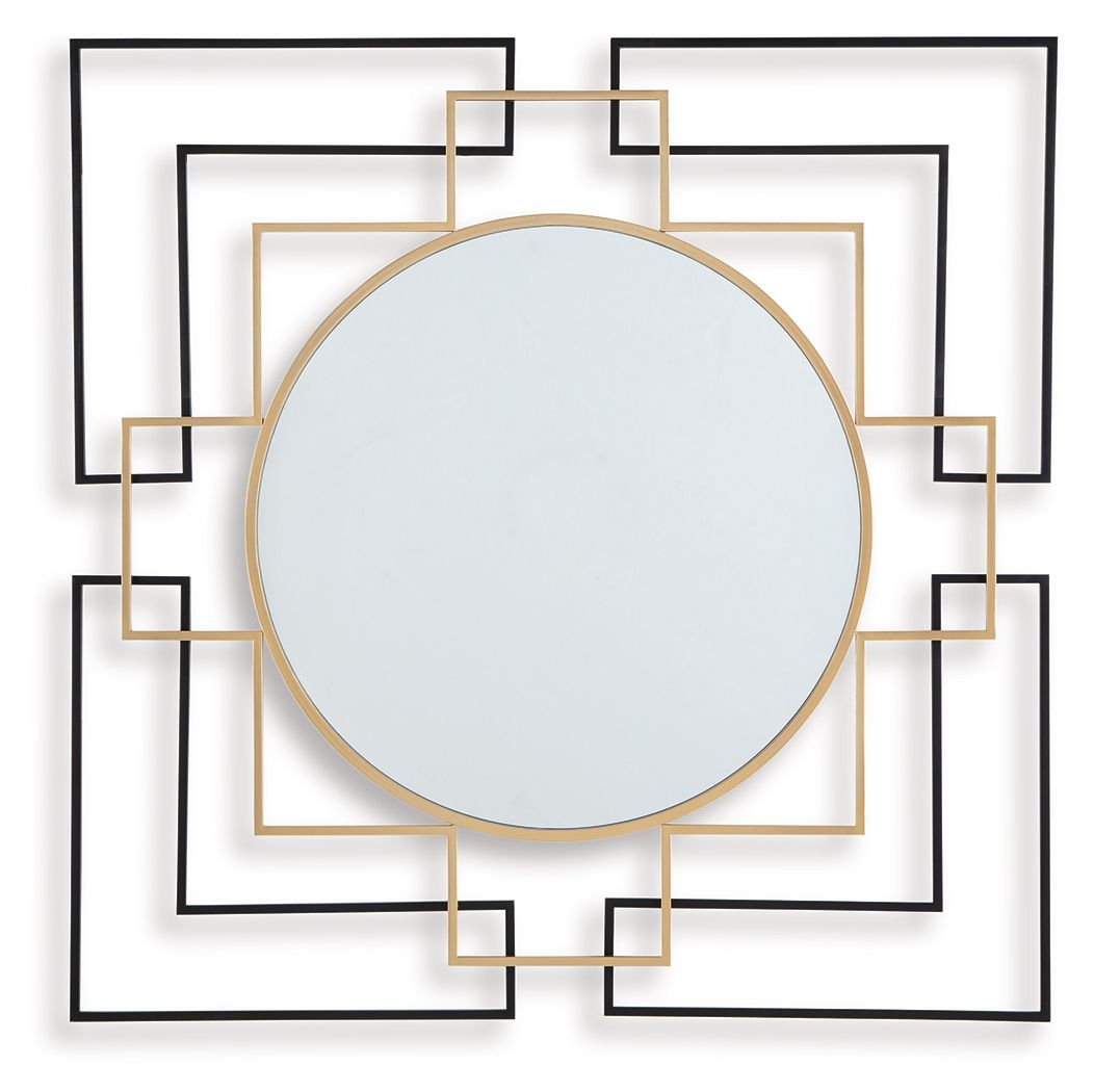 Black accent wall mirror with round glass and gold frame, set in geometric squares.