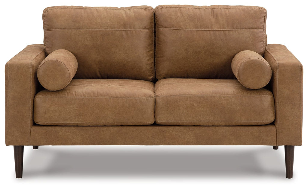 Caramel-brown loveseat front view with rolled arms, two seat cushions, padded back.