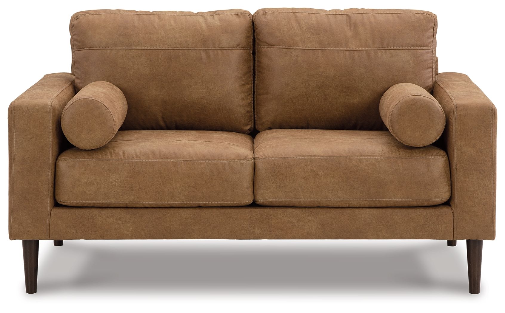 Caramel-brown loveseat front view with rolled arms, two seat cushions, padded back.