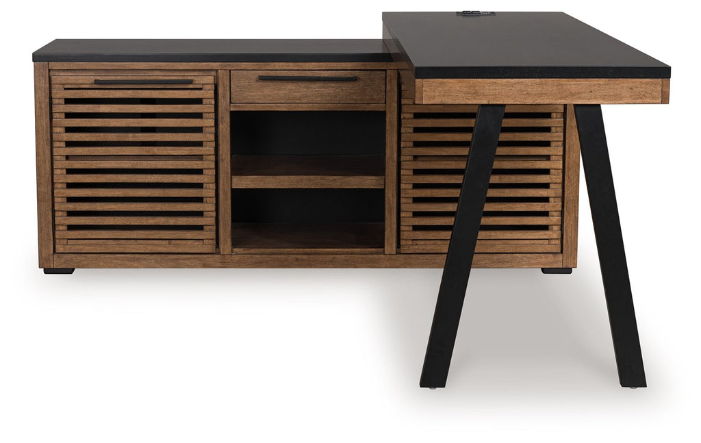 Dark brown credenza with black top, open center bay, and slatted end doors