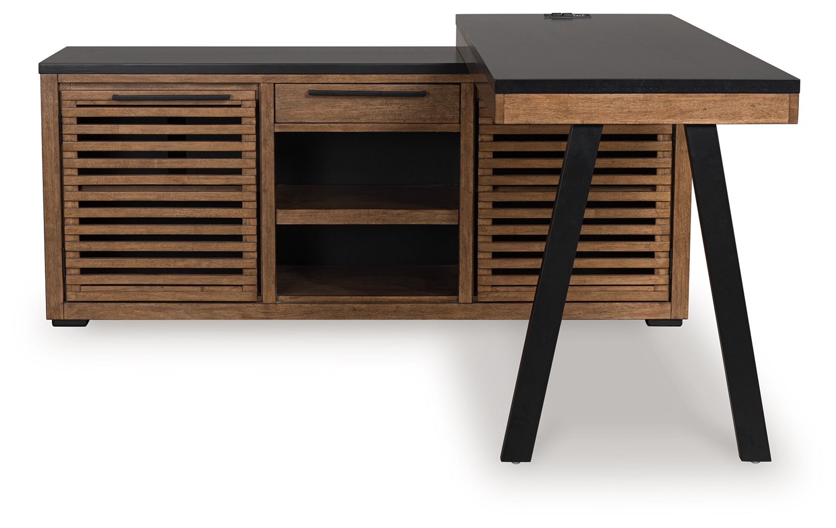 Dark brown credenza with black top, open center bay, and slatted end doors
