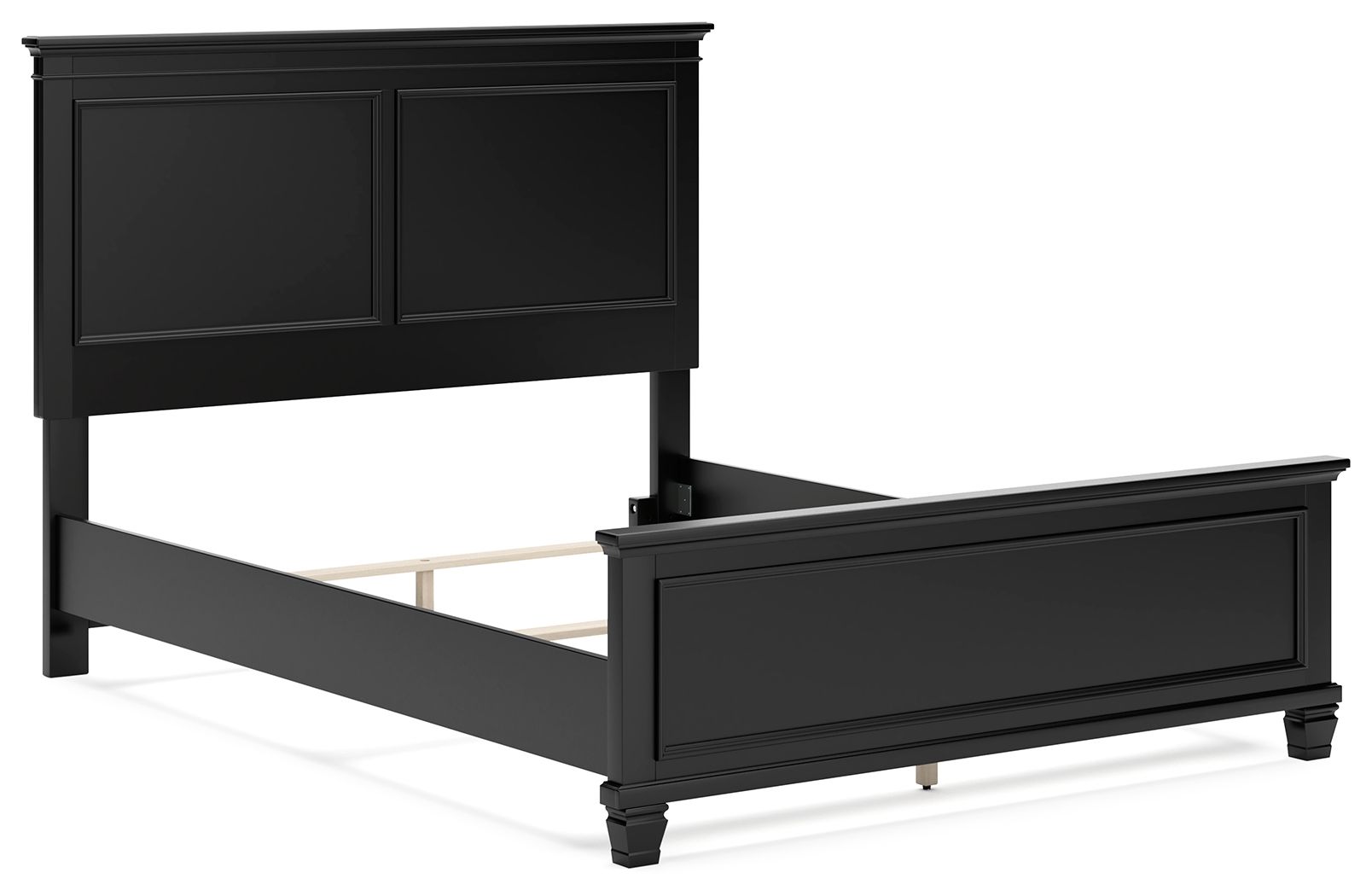 Black panel bed with open storage drawer compartment and white slatted base.
