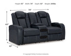 Dark blue power reclining loveseat with dimensions: 74in W, 43in D, 43in H