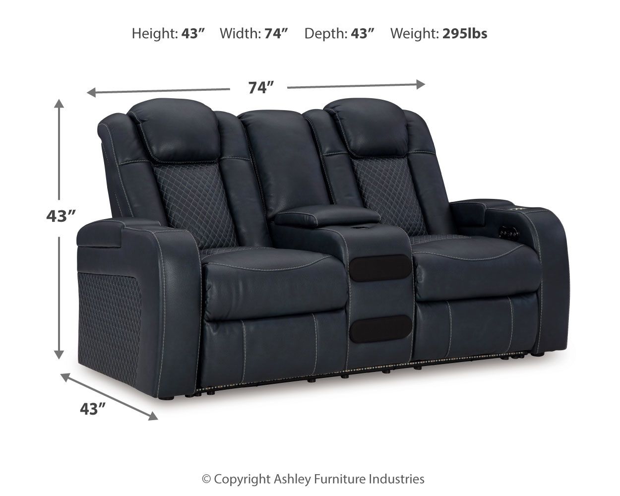 Dark blue power reclining loveseat with dimensions: 74in W, 43in D, 43in H