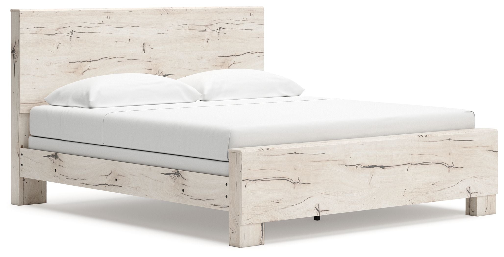 Beige panel bed with arched headboard and low side rails, white mattress