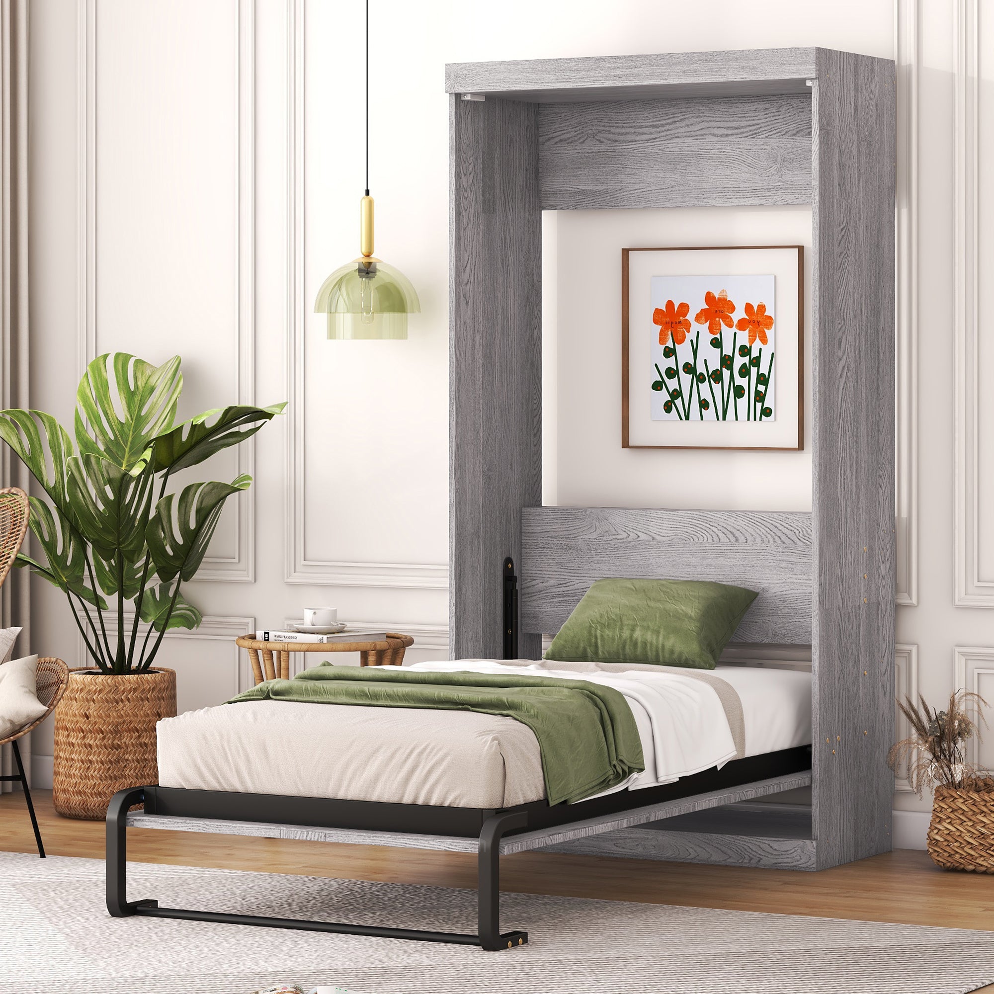 Gray Twin Murphy Bed | Folding Cabinet Space-Saving Design