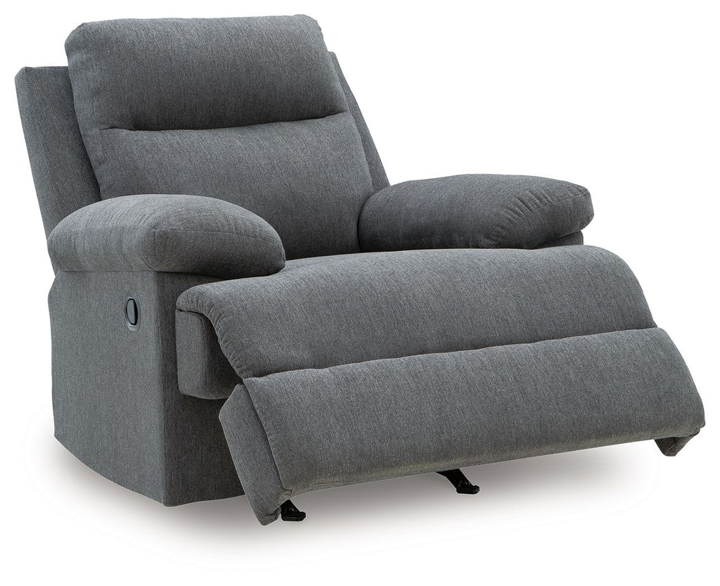 Dark gray reclining armchair with padded back and extended footrest