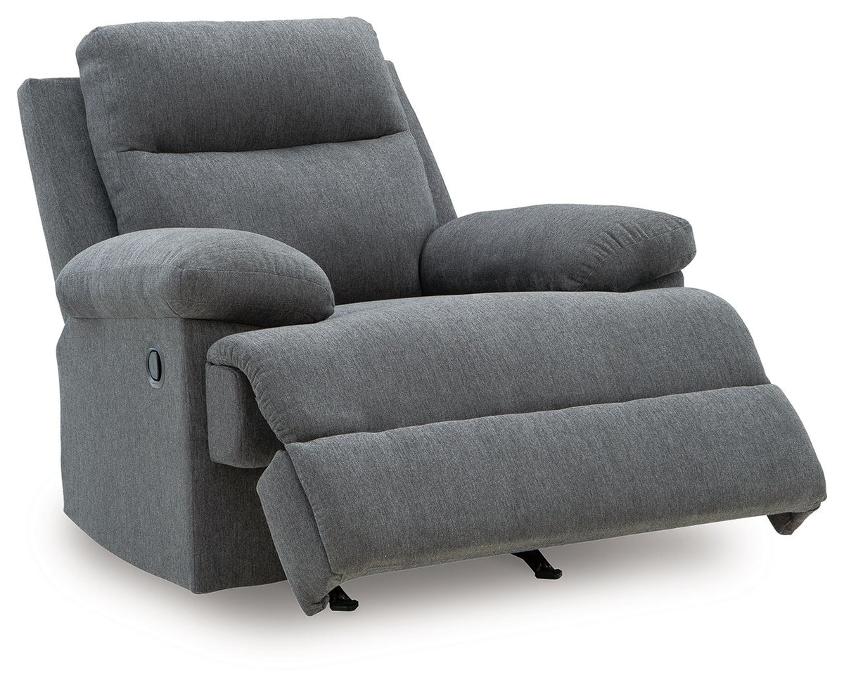 Dark gray reclining armchair with padded back and extended footrest