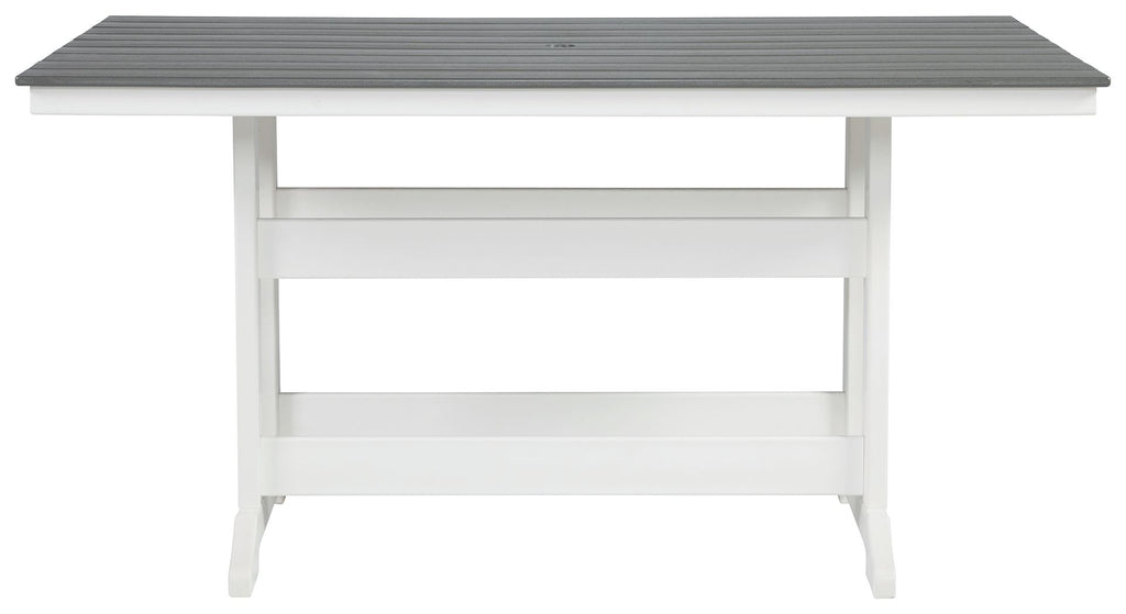 Gray slatted rectangular table top with white apron and sturdy legs