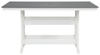 Gray slatted rectangular table top with white apron and sturdy legs