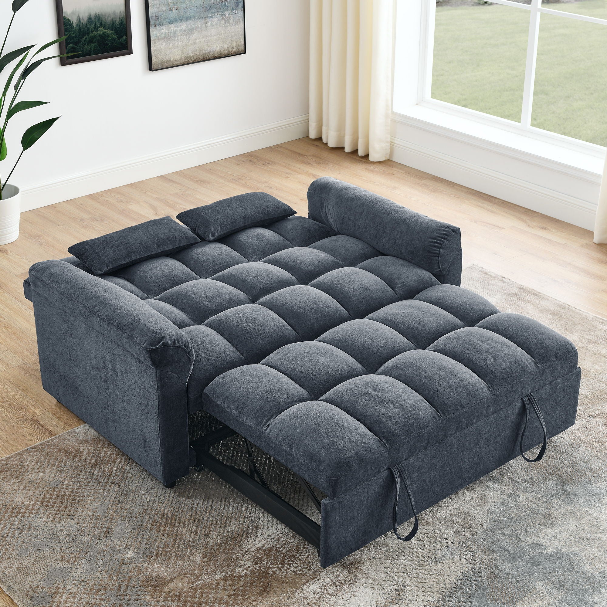 Loveseats Sofa Bed With Pull - Out Bed, Adjsutable Back - Blue/Gray