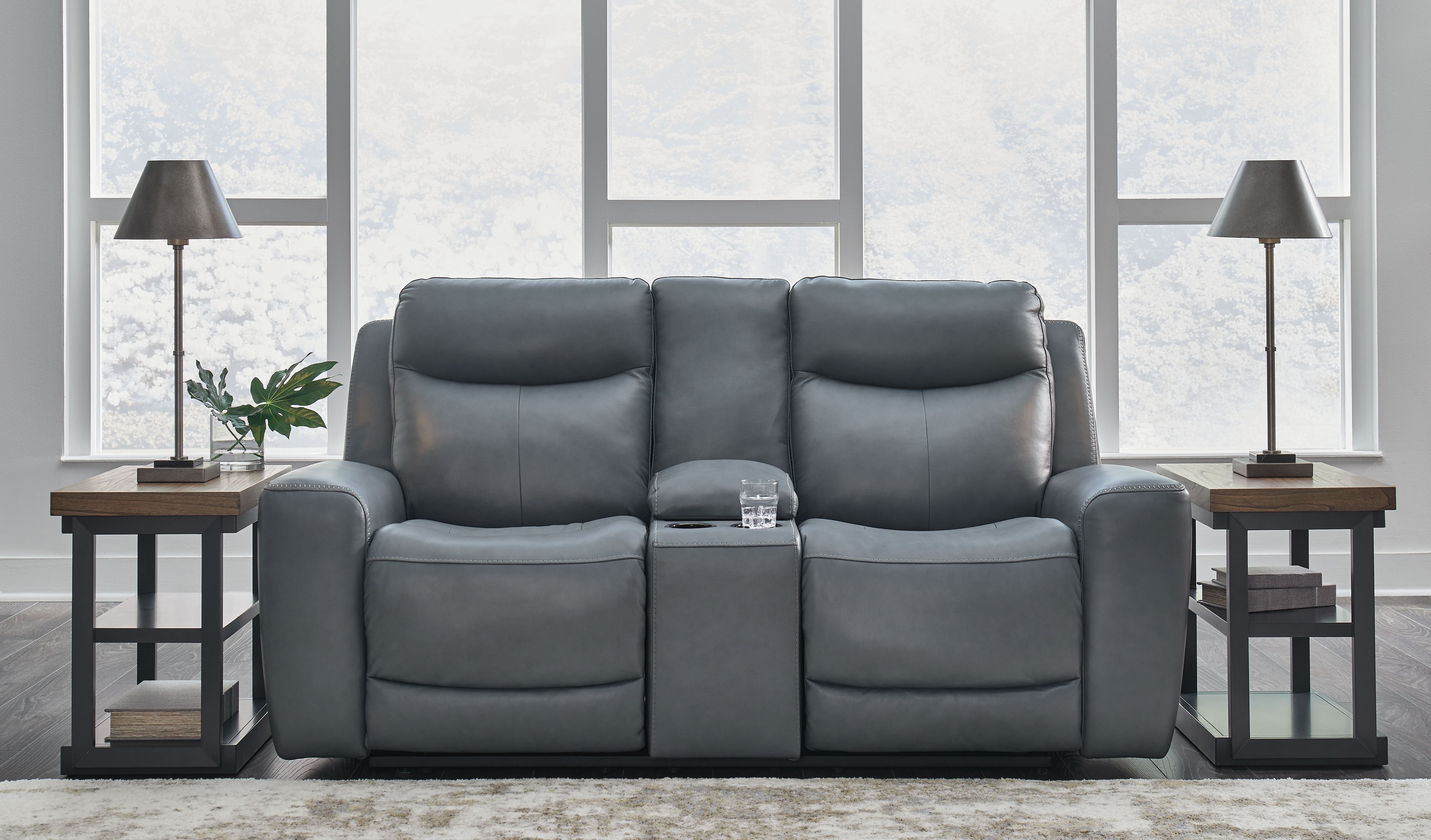 Mindanao Steel 2-Piece Gray Leather Power Reclining Living Room Set: Sofa, Loveseat with Console