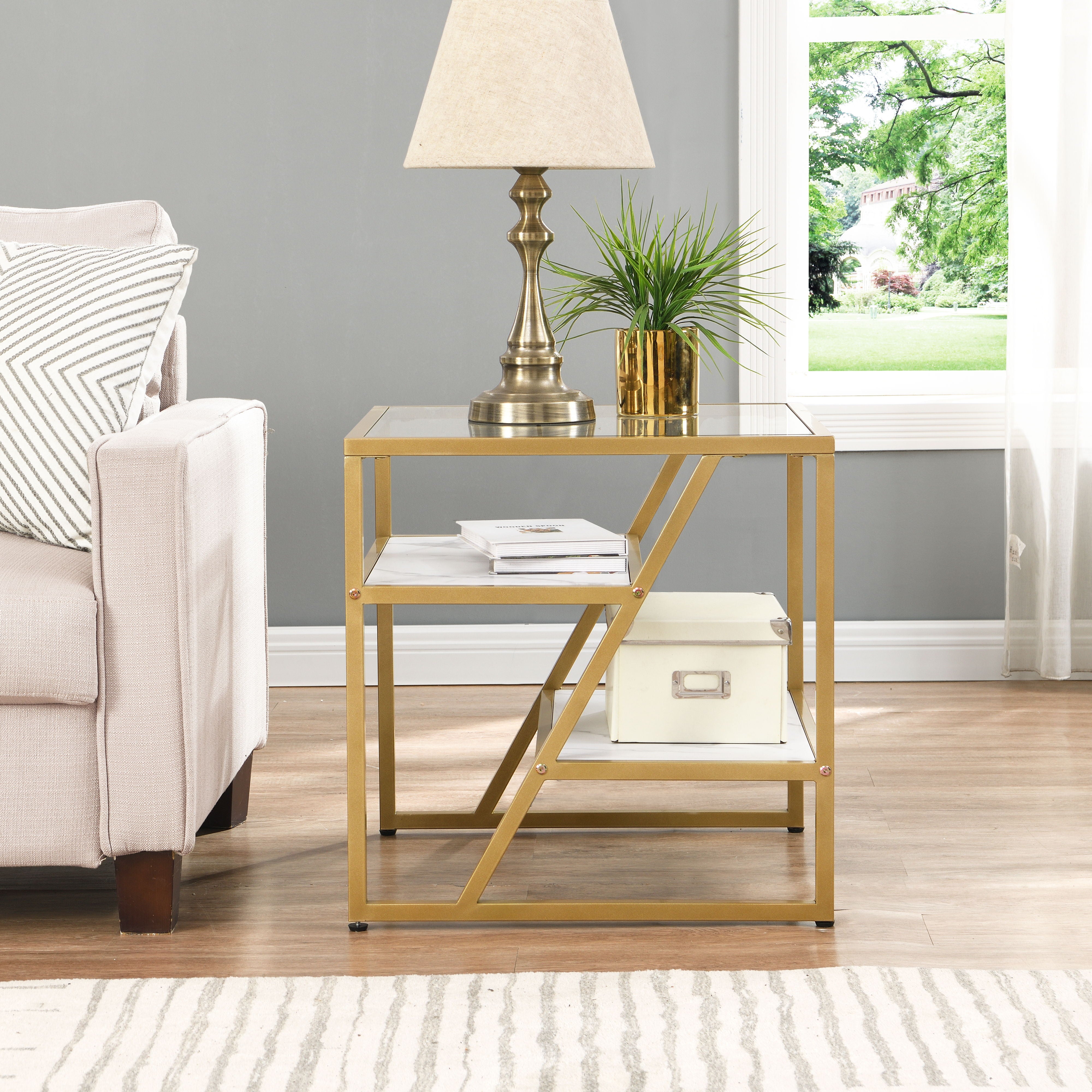 Golden Side Table, End Table With Storage Shelf, Tempered Glass Coffee Table With Metal Frame For Living Room & Bed Room,