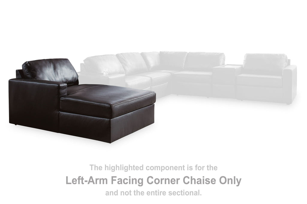 Black left-arm facing corner chaise with padded backrest and smooth upholstery