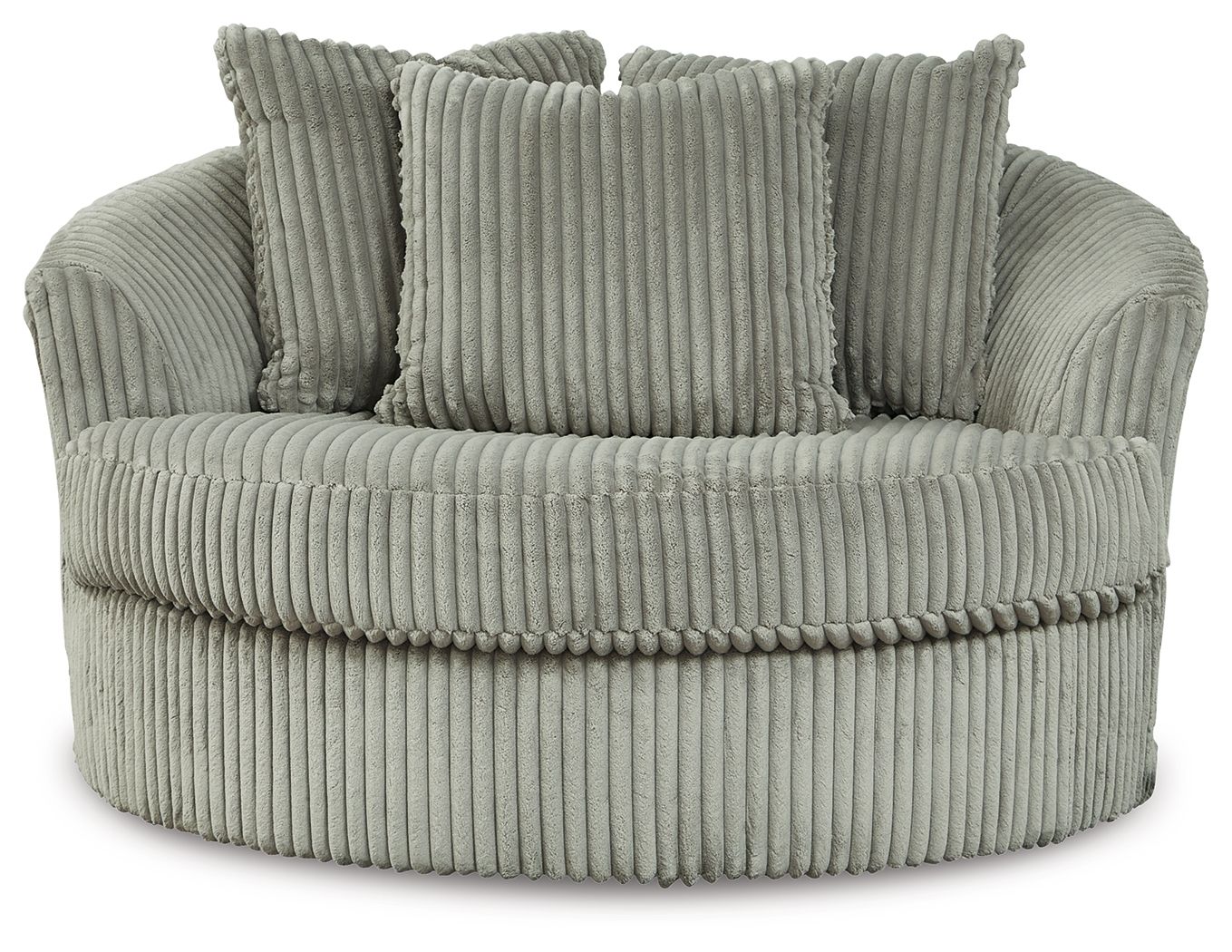 Gray oversized swivel accent chair with ribbed fabric and three tall back cushions