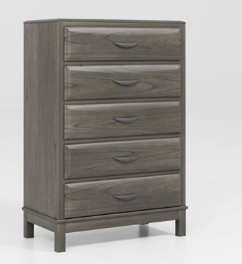 Gray wooden five-drawer chest with curved drawer pulls