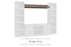 Brown wood bridge unit with white side panels and open center shelf