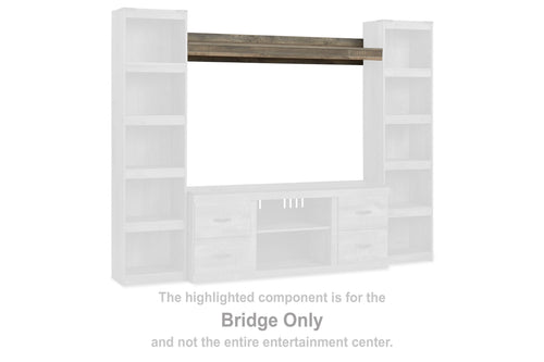 Brown wood bridge unit with white side panels and open center shelf