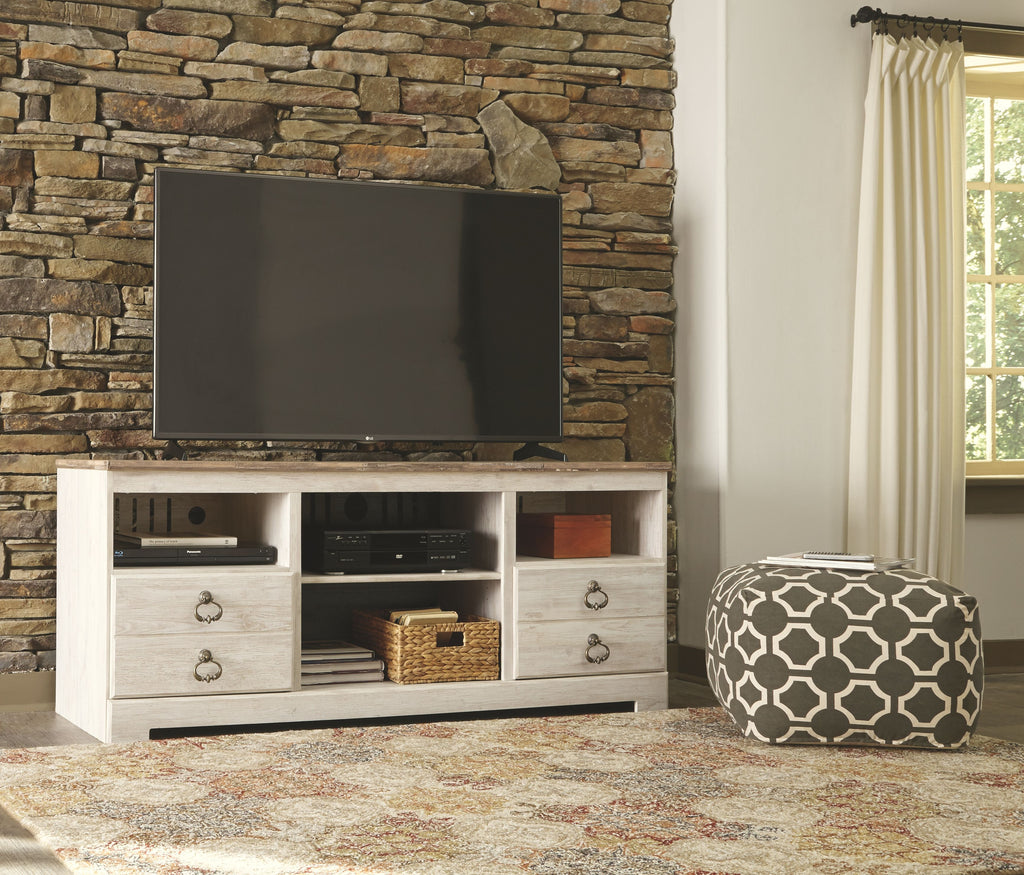 Willowton TV stand with fireplace: light wood console with firebox and dark TV screen above