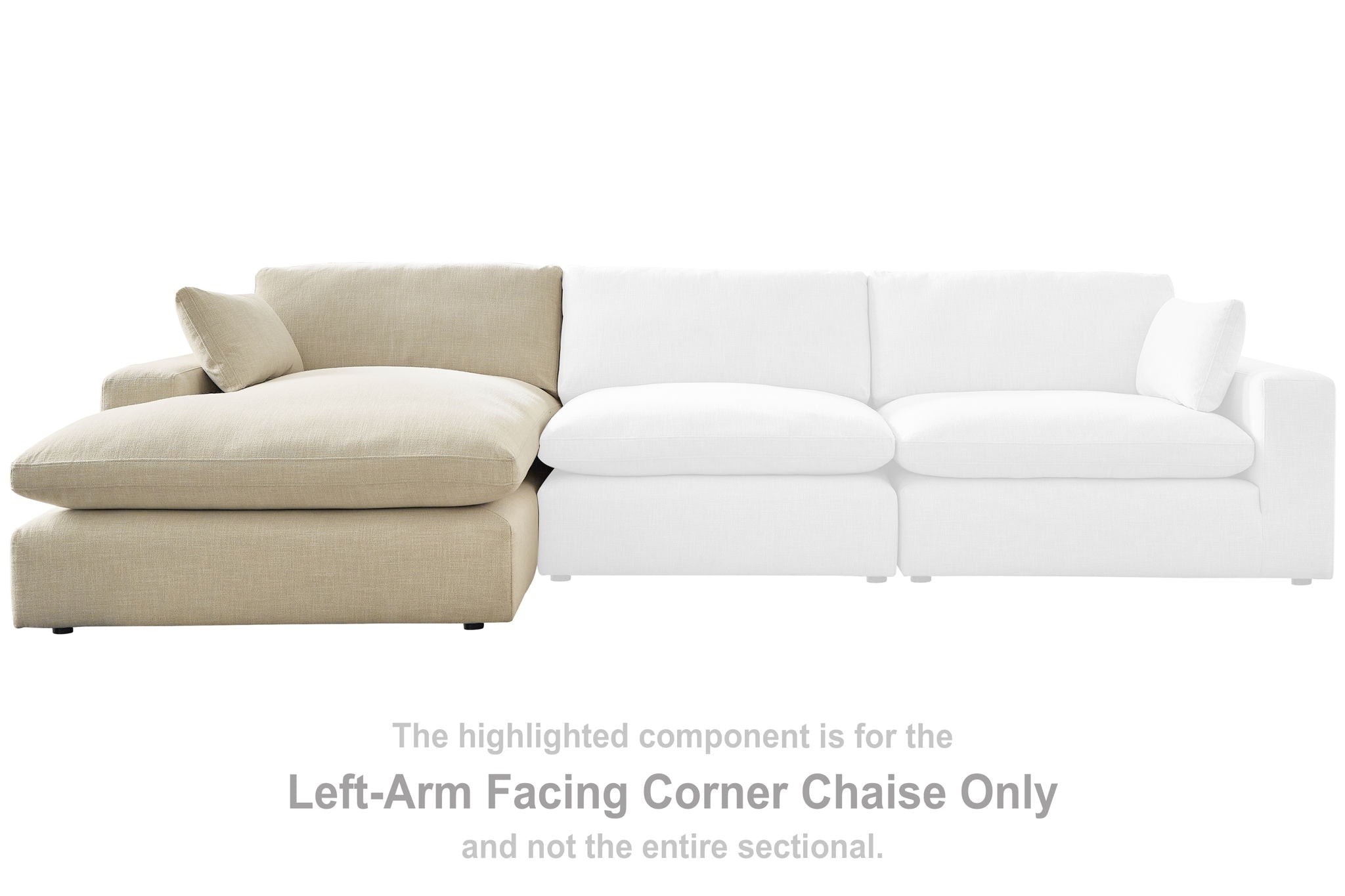 LAF corner chaise component, linen upholstery, beige chaise with side and back pillows