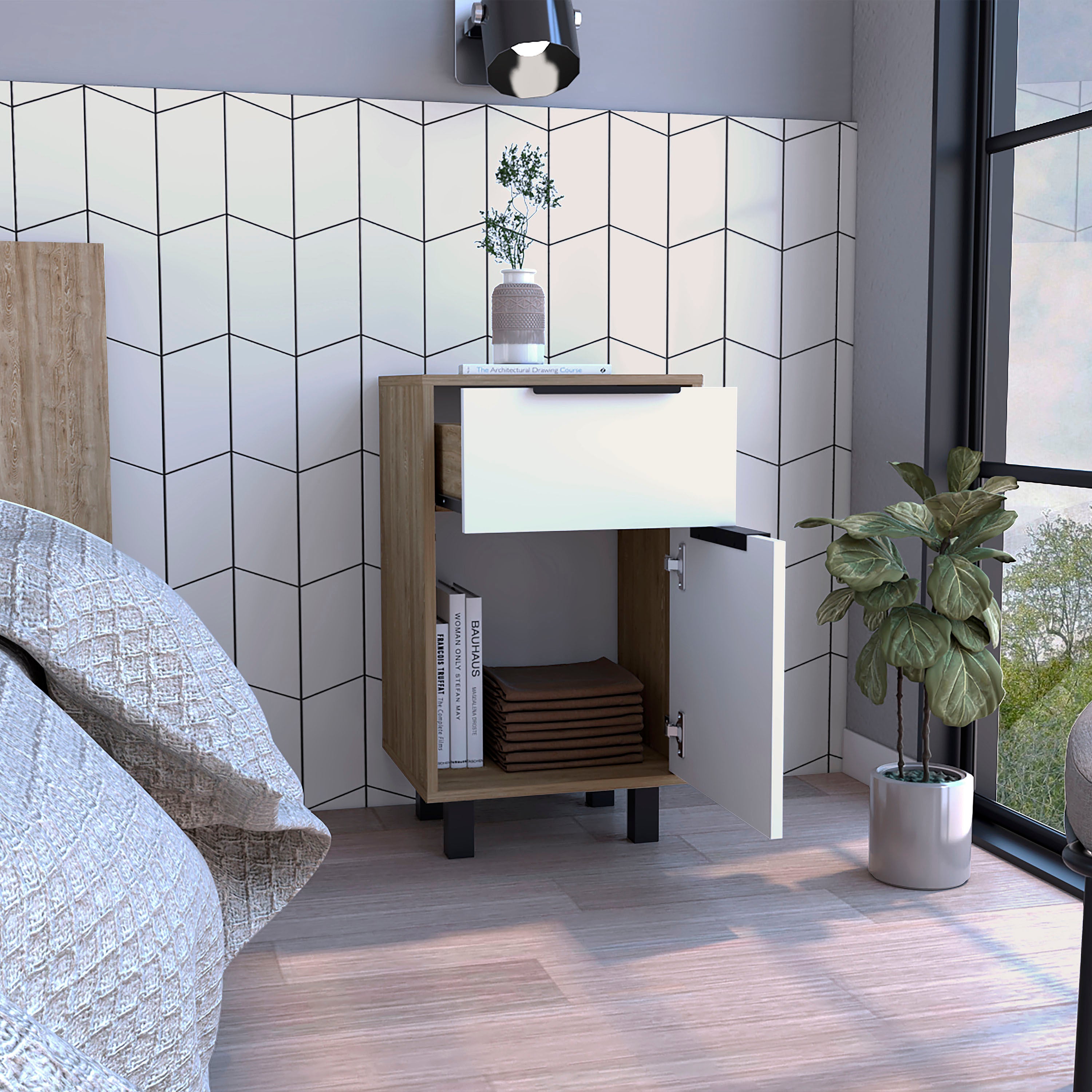 Kaia Z Nightstand , End Table, Side Table One Drawer, One Cabinet,  Four Legs, Superior Top -Pine / White