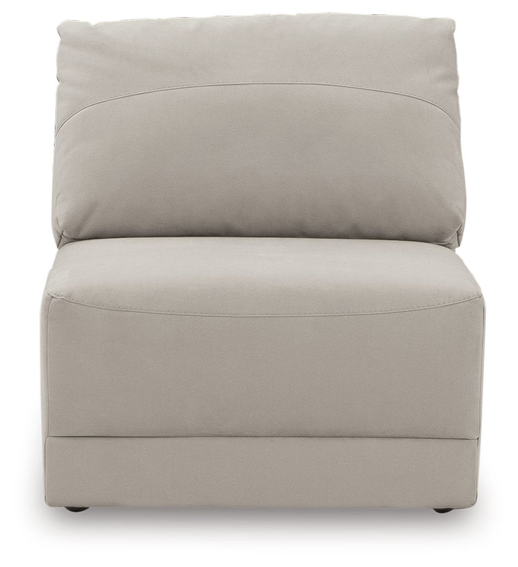 Gray armless chair with rounded backrest and padded seat cushion