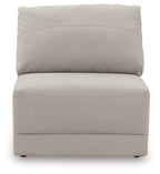 Gray armless chair with rounded backrest and padded seat cushion
