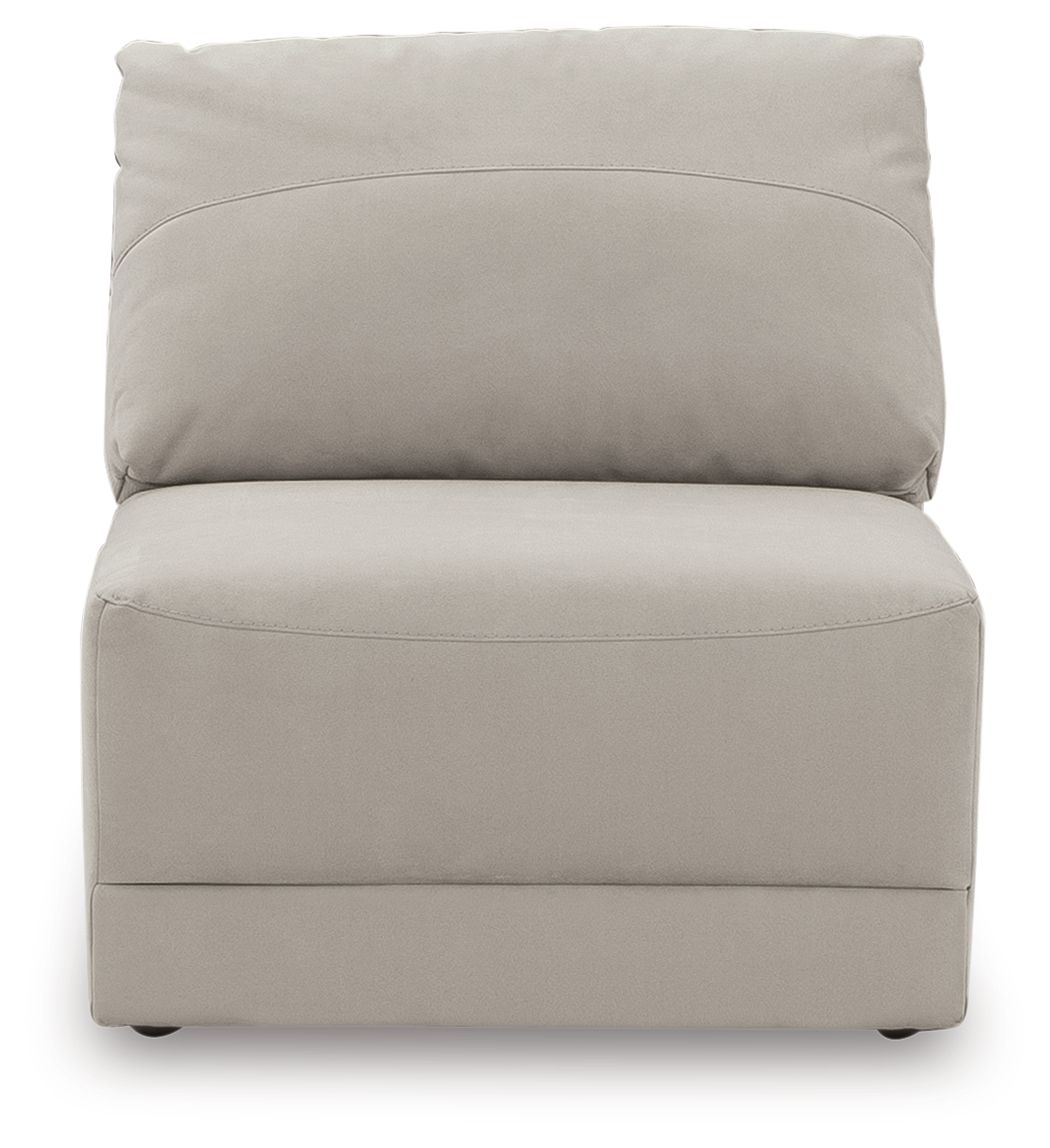 Gray armless chair with rounded backrest and padded seat cushion