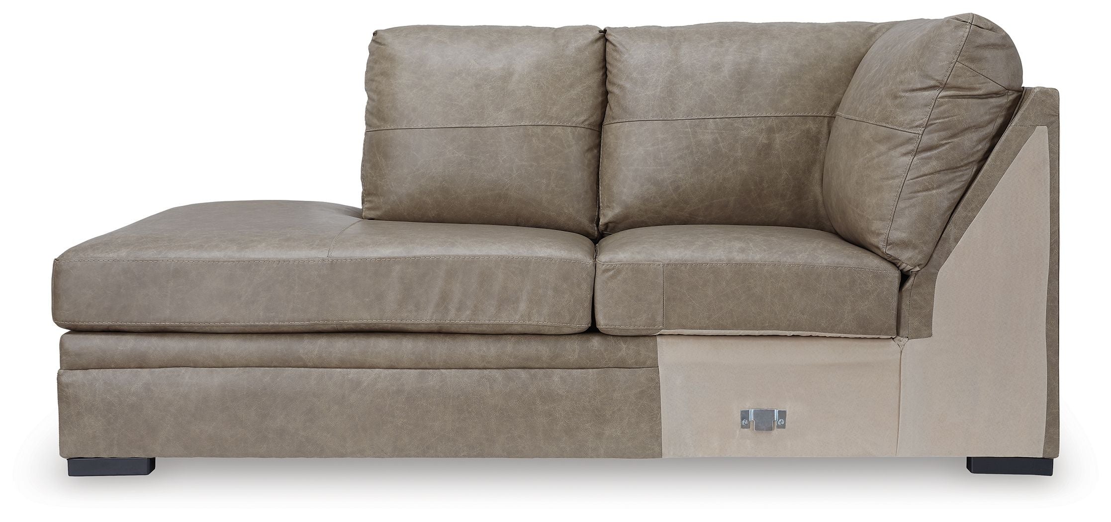 Beige corner chaise sofa with two back cushions, boxy chaise seat, dark base legs.